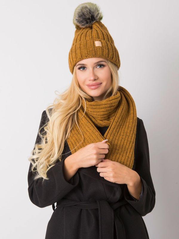 Fashionhunters RUE PARIS Set of dark yellow winter hat and scarf