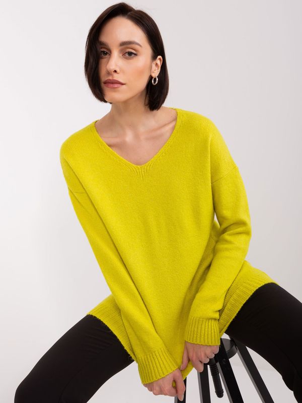 Fashionhunters RUE PARIS V-neck oversized lime sweater