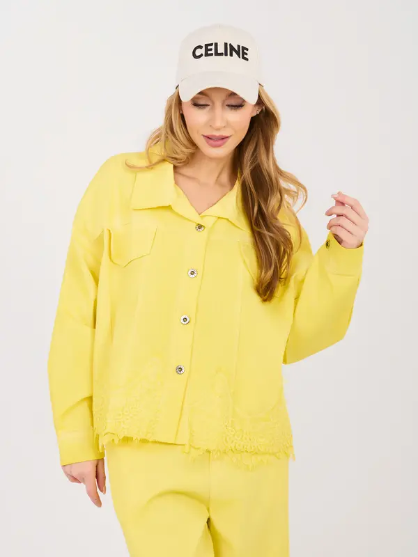 RUE PARIS Rumena jeans jakna s čipko