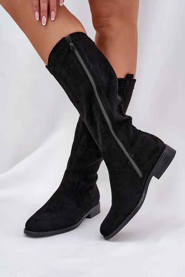 S. BARSKI S. BARSKI Knee Boots With Perforated Shaft On Flat Heel S.Barski