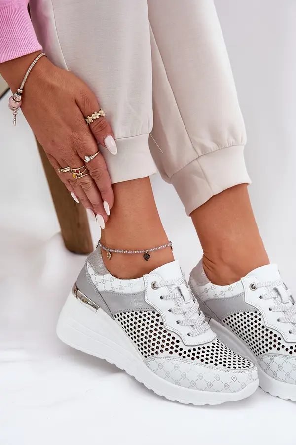 S. BARSKI S. BARSKI Leather Perforated Sports Shoes Sneakers On Wedge White S.Barski