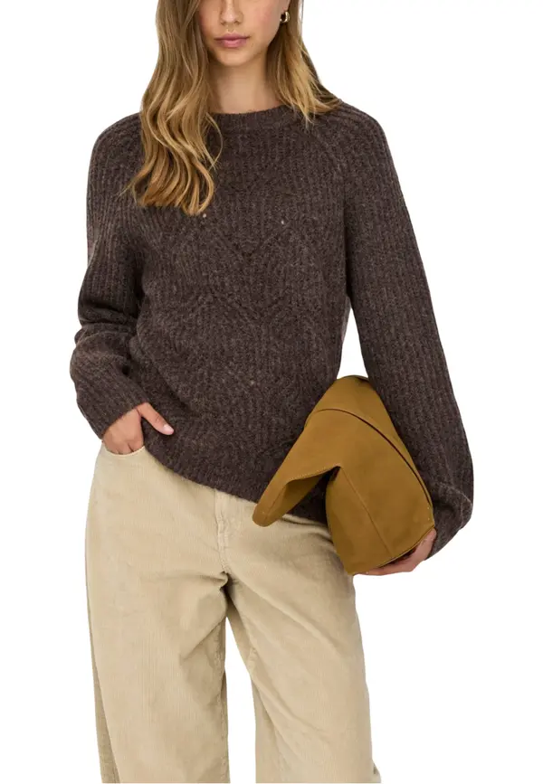 Only Samo rjav pulover z okroglim izrezom