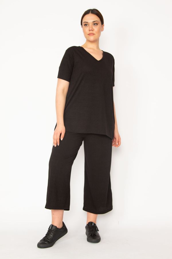 Şans Şans Women's Black Camisole Set With Knitted Elastic Waist, Wide Legs Trousers and a V-neck Blouse Suit