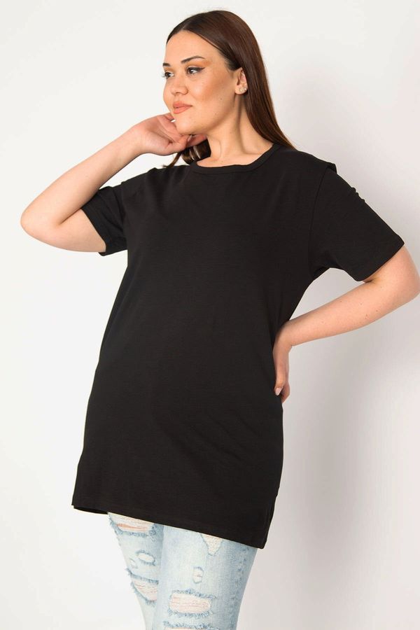 Şans Şans Women's Black Plus Size Crew Neck Short Sleeve Oversize Blouse