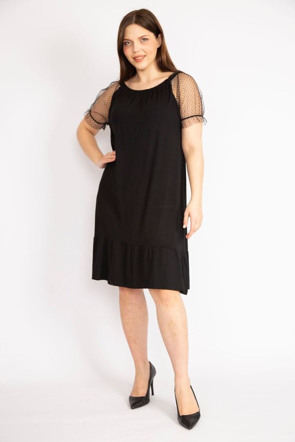 Şans Şans Women's Black Plus Size Sleeves Tulle Neck Elastic Detail Layered Hem Dress