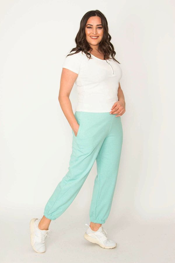 Şans Şans Women's Green Cotton Fabric Inset Rack Trousers With Elastic Waist Pocket Detailed Trousers