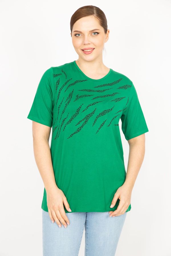 Şans Şans Women's Green Plus Size Crew Neck Front Printed Blouse