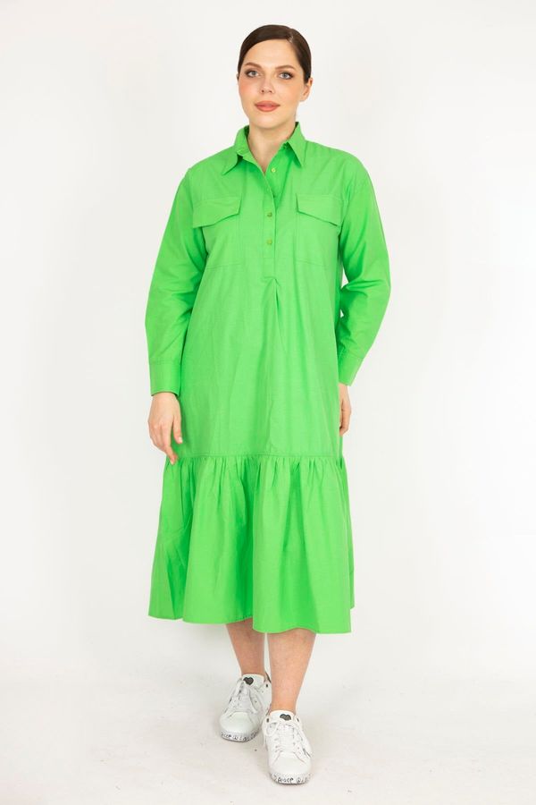 Şans Şans Women's Green Plus Size Front Pat Buttoned Chest Pocket Tiered Hem Dress