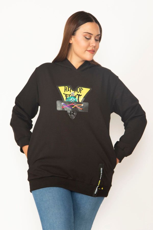 Şans Şans Women's Large Size Black Digital Printing and Hooded Detailed Side Pocket Sweatshirt