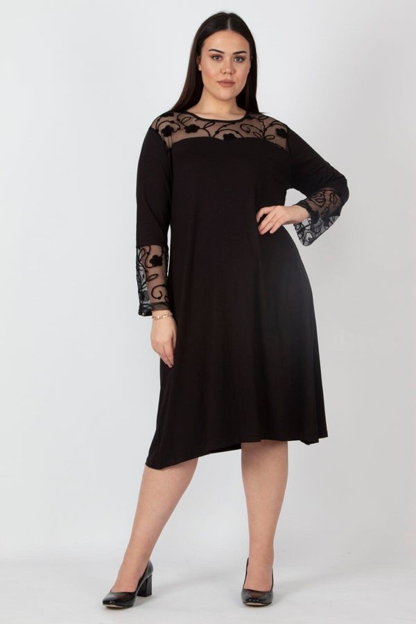 Şans Şans Women's Large Size Black Lace Detailed Dress