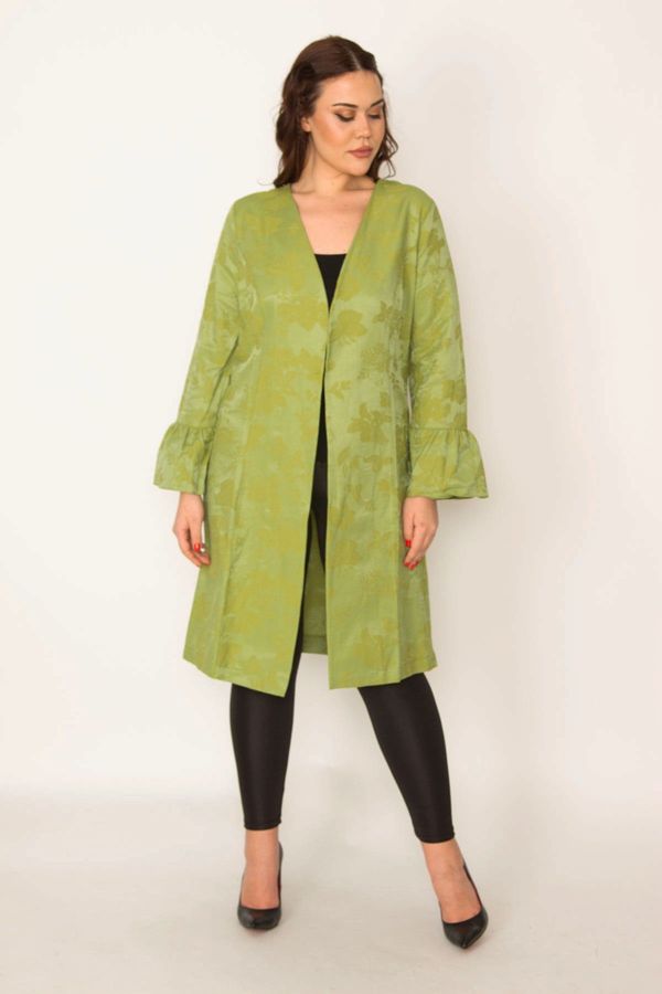 Şans Şans Women's Large Size Green Sleeve Detailed Single Lace Closure Unlined Cape