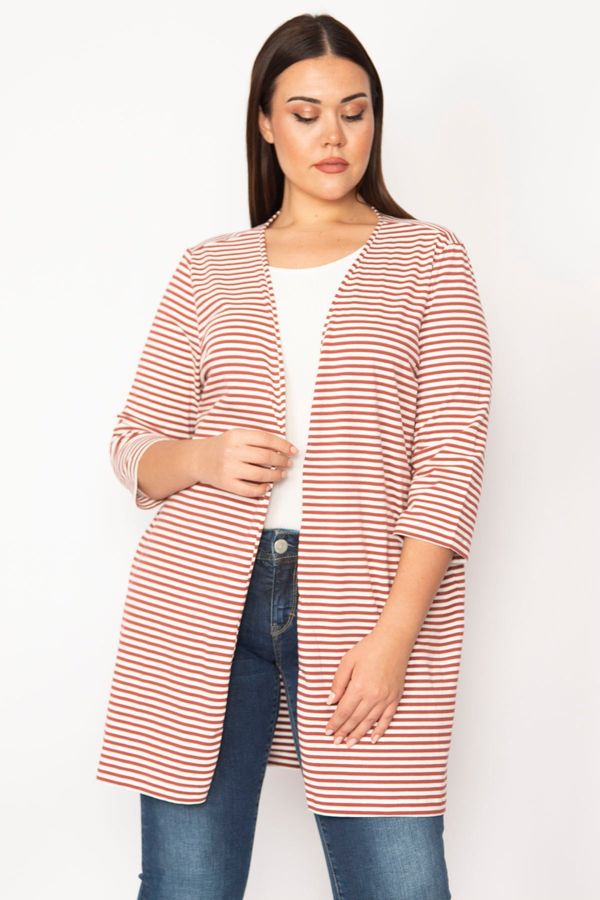 Şans Şans Women's Large Size Patterned Cotton Fabric Striped Cardigan