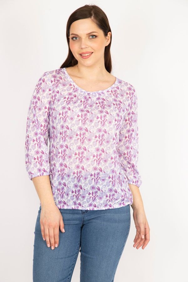 Şans Şans Women's Lilac Plus Size Blouse with Elastic Detailed Collar and Hem