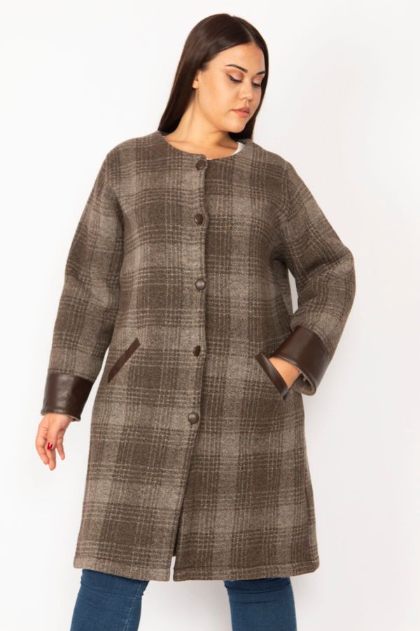 Şans Şans Women's Milk and Coffee Checkered Printed Buttoned Faux Leather Coat with Garnish, Unlined and Stamped