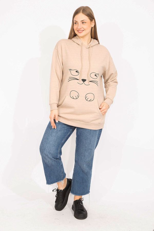 Şans Şans Women's Mink Plus Size Raised Front Print And Hood Detailed Sweatshirt