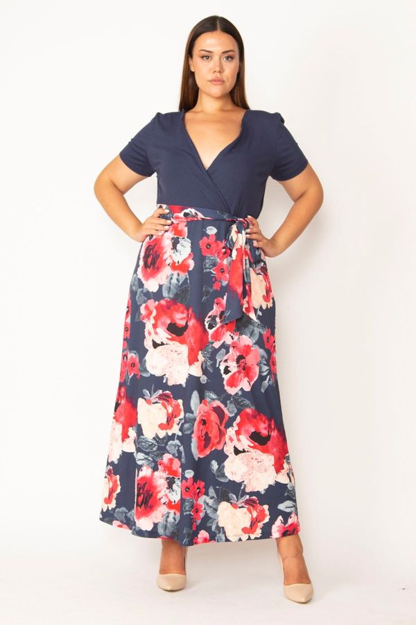 Şans Şans Women's Navy Blue Plus Size Wrap Collar Skirt Floral Patterned Dress