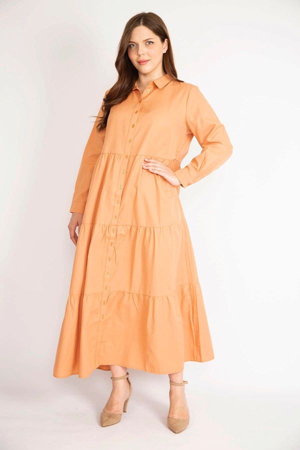 Şans Şans Women's Orange Plus Size Front Buttoned Tiered Long Sleeve Dress