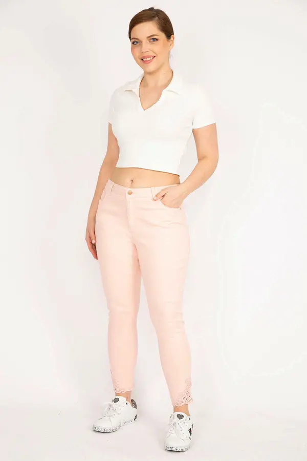 Şans Şans Women's Pink Plus Size Lace Detail Jeans Trousers