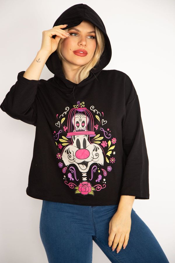 Şans Şans Women's Plus Size Black Digital Printed Hooded Sweatshirt