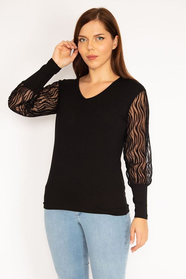 Şans Şans Women's Plus Size Black Flocked Detailed Blouse