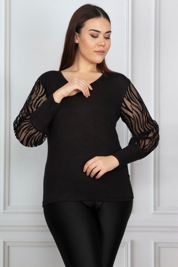 Şans Şans Women's Plus Size Black Flocked Sleeves Tulle Blouse