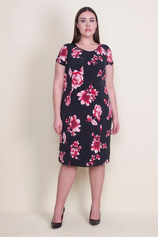 Şans Şans Women's Plus Size Black Floral Patterned Linen Dress