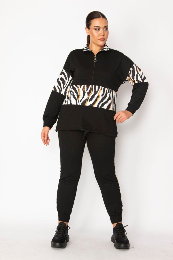 Şans Şans Women's Plus Size Black Front Pat with Zippered Garnish Detailed Sweatshirt and Pants Suit