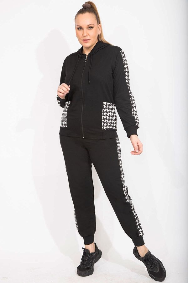 Şans Şans Women's Plus Size Black Houndstooth Garnish Sweatshirt Trousers Double Suit