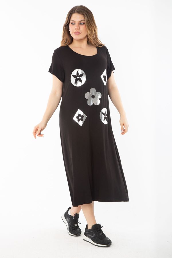 Şans Şans Women's Plus Size Black Lame Printed Dress
