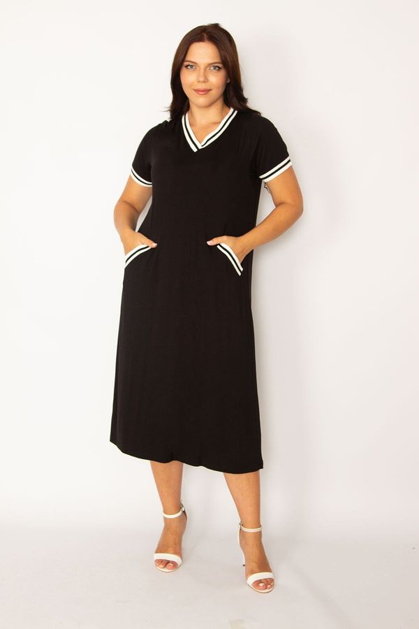 Şans Şans Women's Plus Size Black Rib Detail V-Neck with Pockets Dress