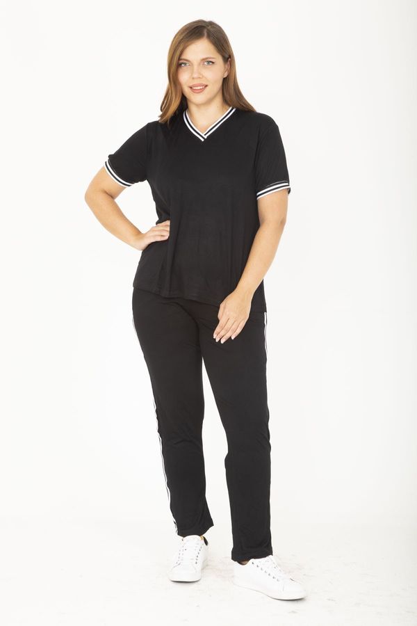 Şans Şans Women's Plus Size Black Ribanall Short-Sleeved Blouse, Pants, Tracksuit Suit