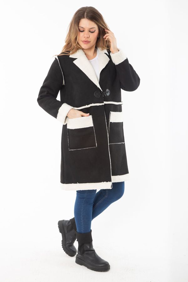 Şans Şans Women's Plus Size Black Shearling Shepherd Button Nubuck Coat