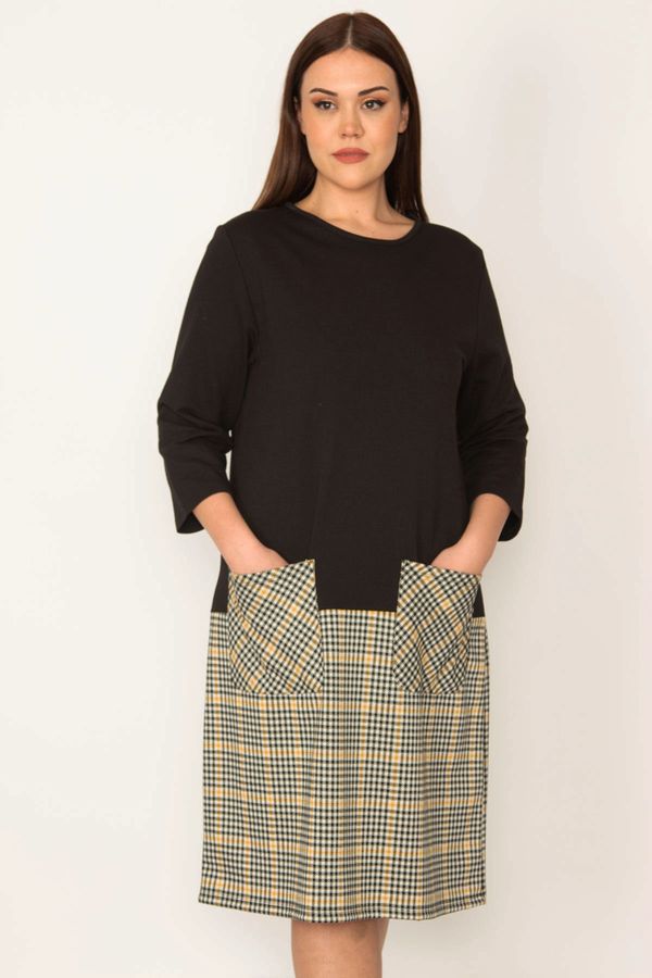 Şans Şans Women's Plus Size Black Skirt Part Plaid Patterned Pocket Dress