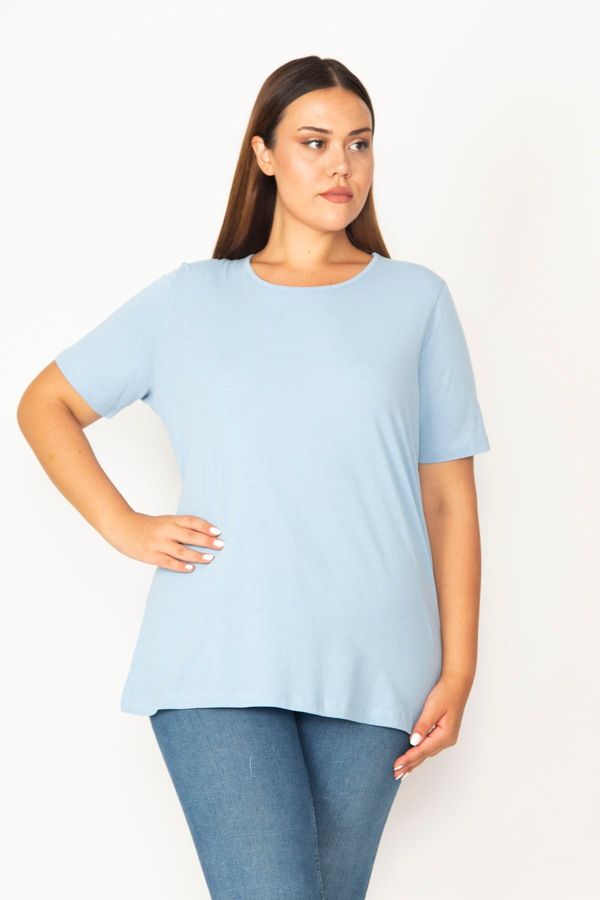 Şans Şans Women's Plus Size Blue Cotton Fabric Crewneck Short Sleeve Blouse