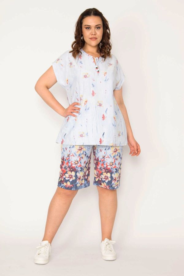 Şans Şans Women's Plus Size Blue Kiss blouse with a collar and an elastic waist Bermuda Suit