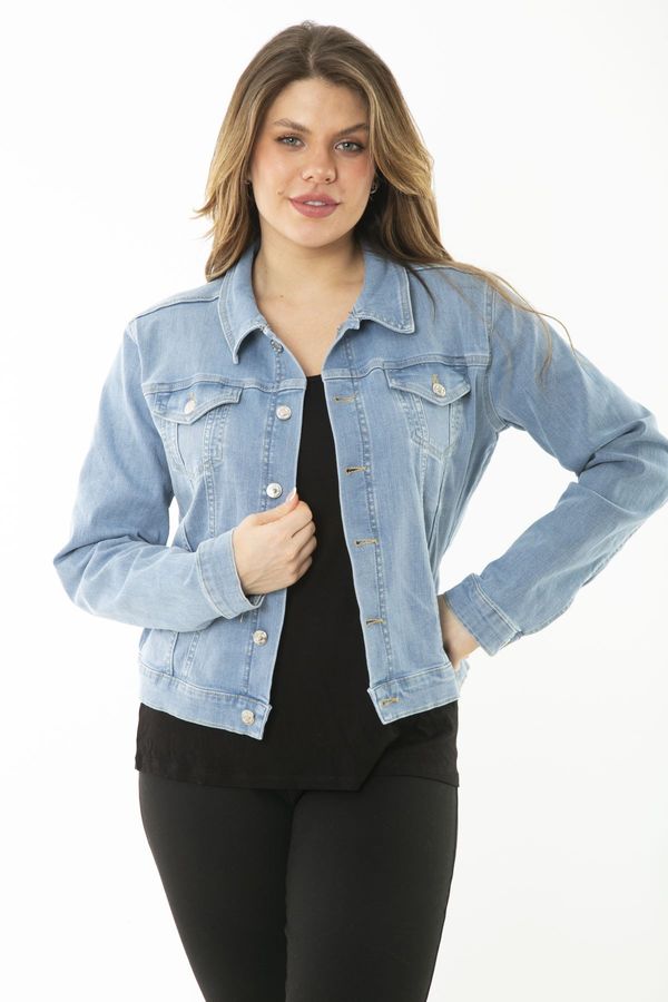 Şans Şans Women's Plus Size Blue Metal Button Lycra Denim Coat