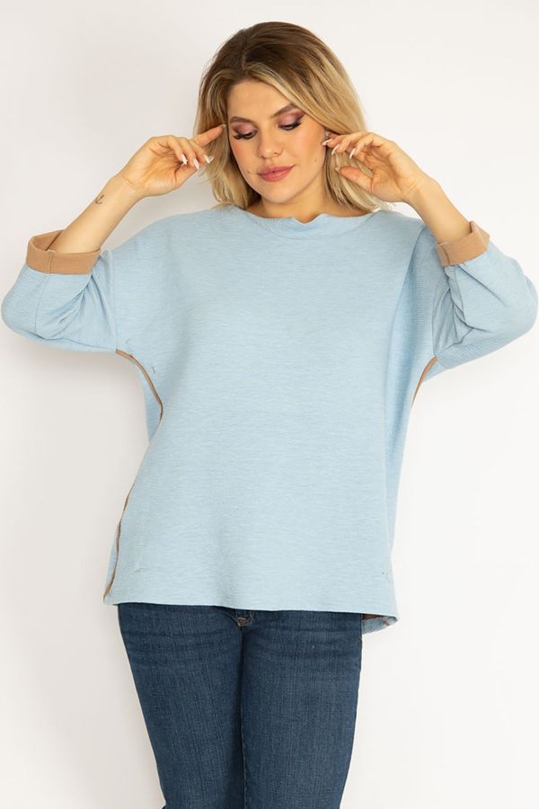 Şans Şans Women's Plus Size Blue Piping Detailed Capri Sleeve Sweatshirt