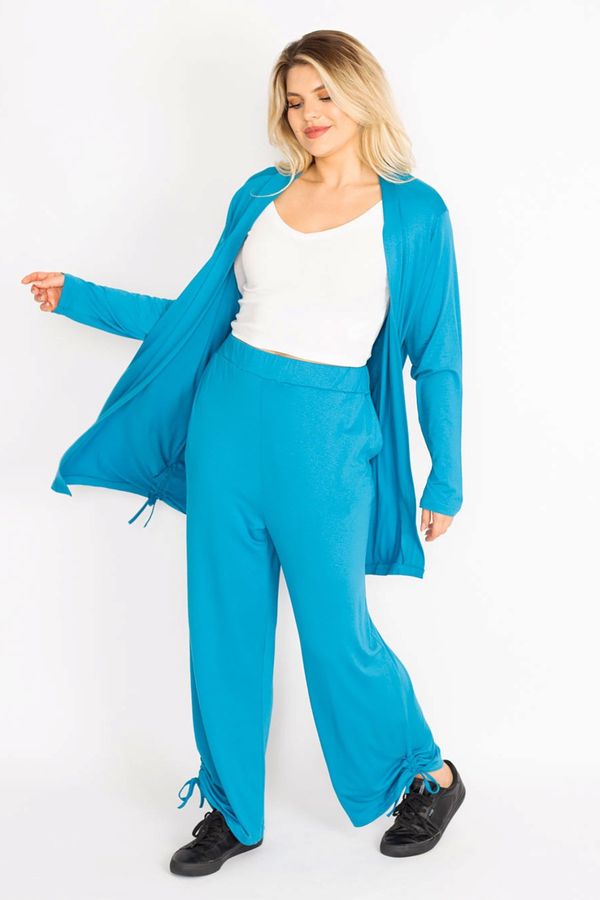 Şans Şans Women's Plus Size Blue Side Lace-Up Detail Cardigan and Pants Suit