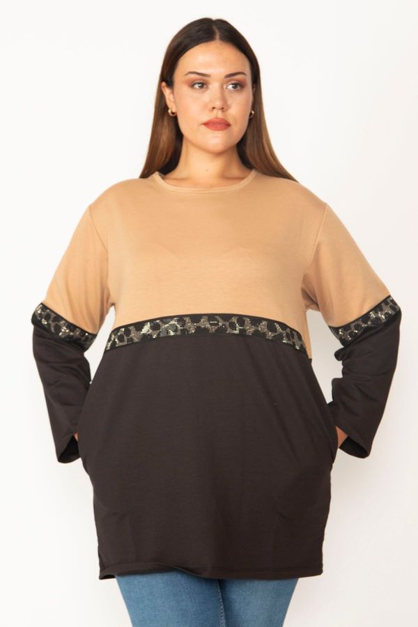 Şans Şans Women's Plus Size Camel Print And Pocket Detailed Color Combination Sweatshirt