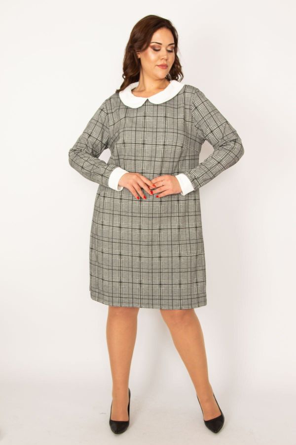 Şans Şans Women's Plus Size Gray Baby Collar Checkered Dress