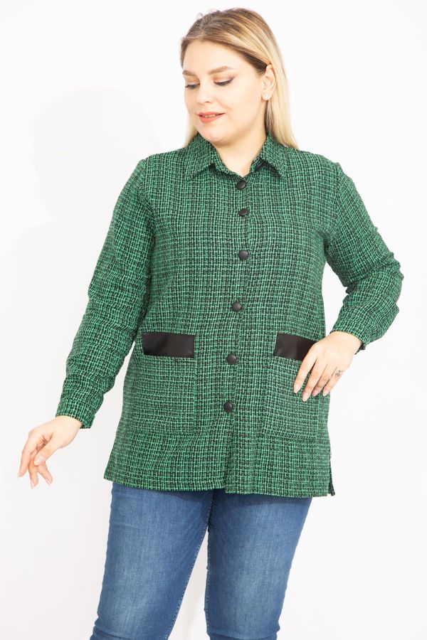 Şans Şans Women's Plus Size Green Bouquette Unlined Jacket with Woven Fabric Faux Leather with Garnish