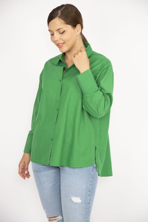 Şans Şans Women's Plus Size Green Poplin Fabric Front Buttoned Long Sleeve Shirt with Side Slit