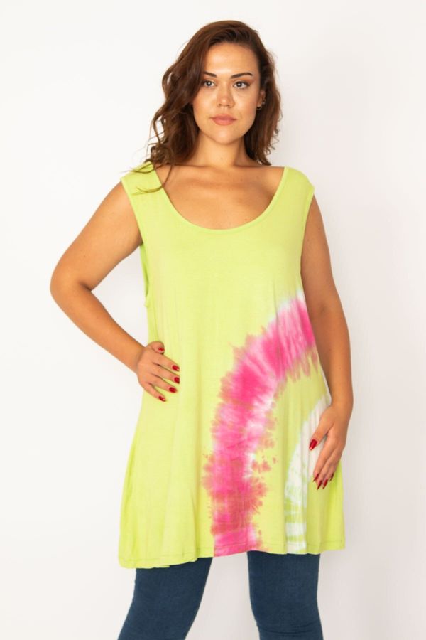 Şans Şans Women's Plus Size Green Tie Dye Patterned Tunic