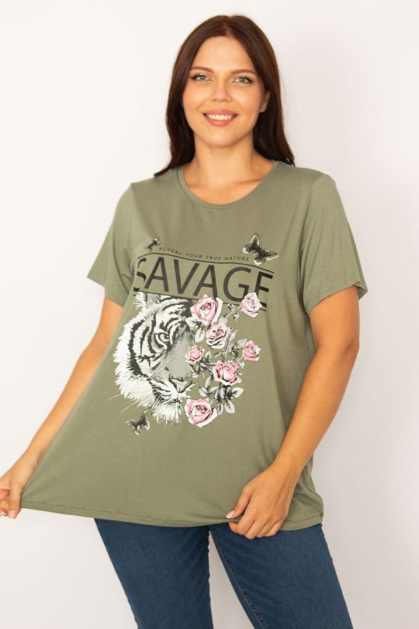 Şans Şans Women's Plus Size Khaki Digital Printed Relaxed Cut Tunic