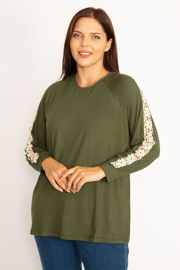 Şans Şans Women's Plus Size Khaki Lace Detailed Blouse