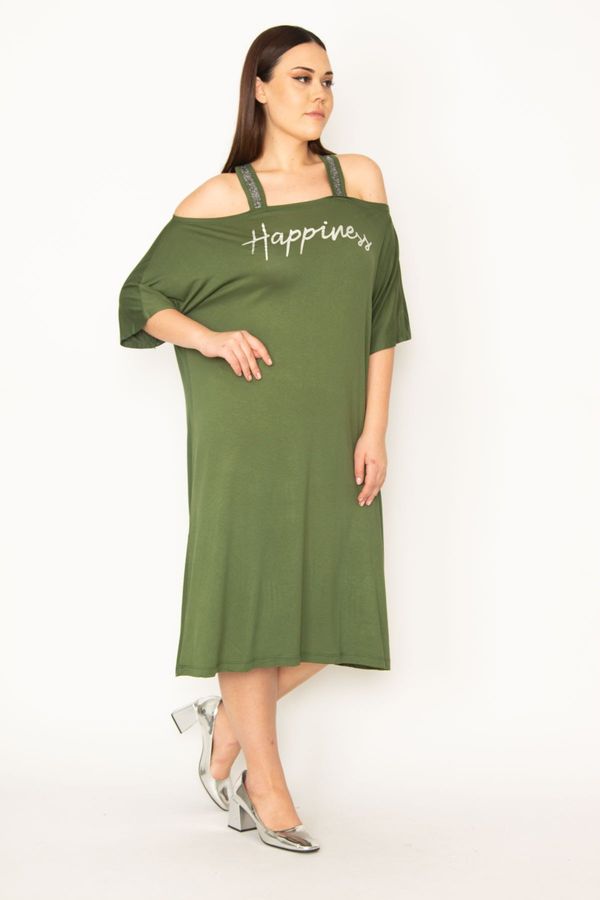 Şans Şans Women's Plus Size Khaki Shimmer Detailed Front Printed Viscose Dress