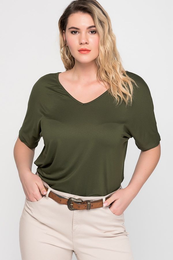 Şans Şans Women's Plus Size Khaki Viscose Tunic With Low-Cut Back