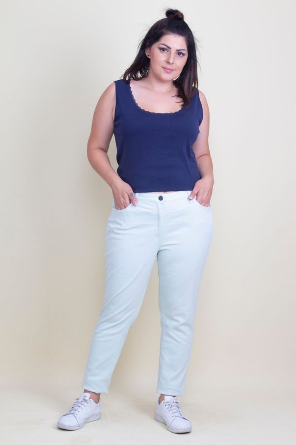 Şans Şans Women's Plus Size Light Green 5 Pockets Jeans with Half Elastic Waist.