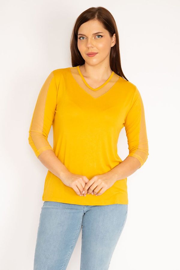 Şans Şans Women's Plus Size Mustard Viscose Blouse With Tulle Detail