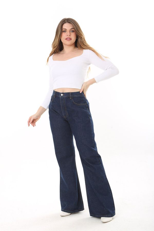 Şans Şans Women's Plus Size Navy Blue 5 Pockets Wide Leg High Waist Denim Trousers